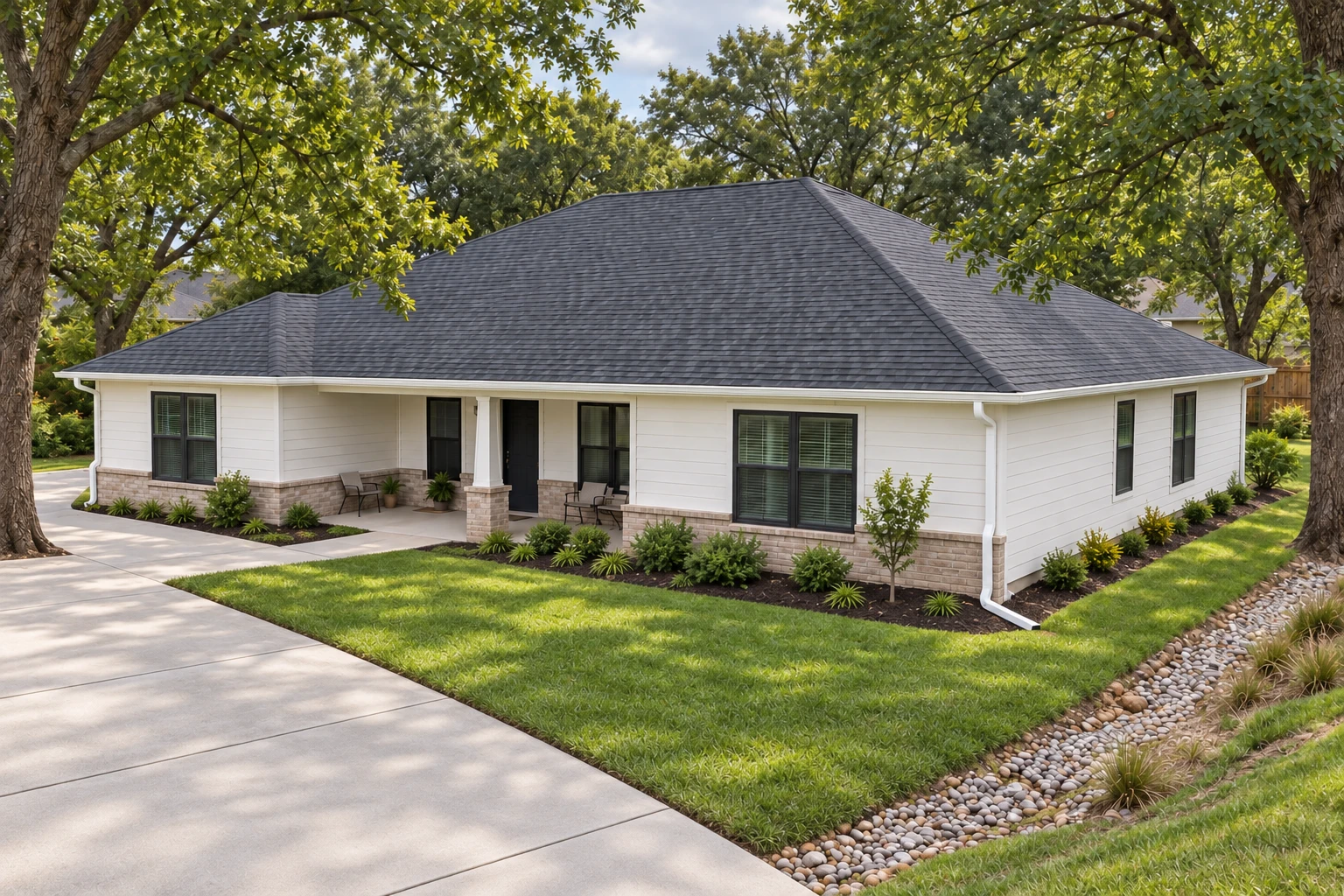 Entire one-story home with a concrete driveway, seamless white gutters, visible downspouts, surrounding trees and a gravel drainage swale.