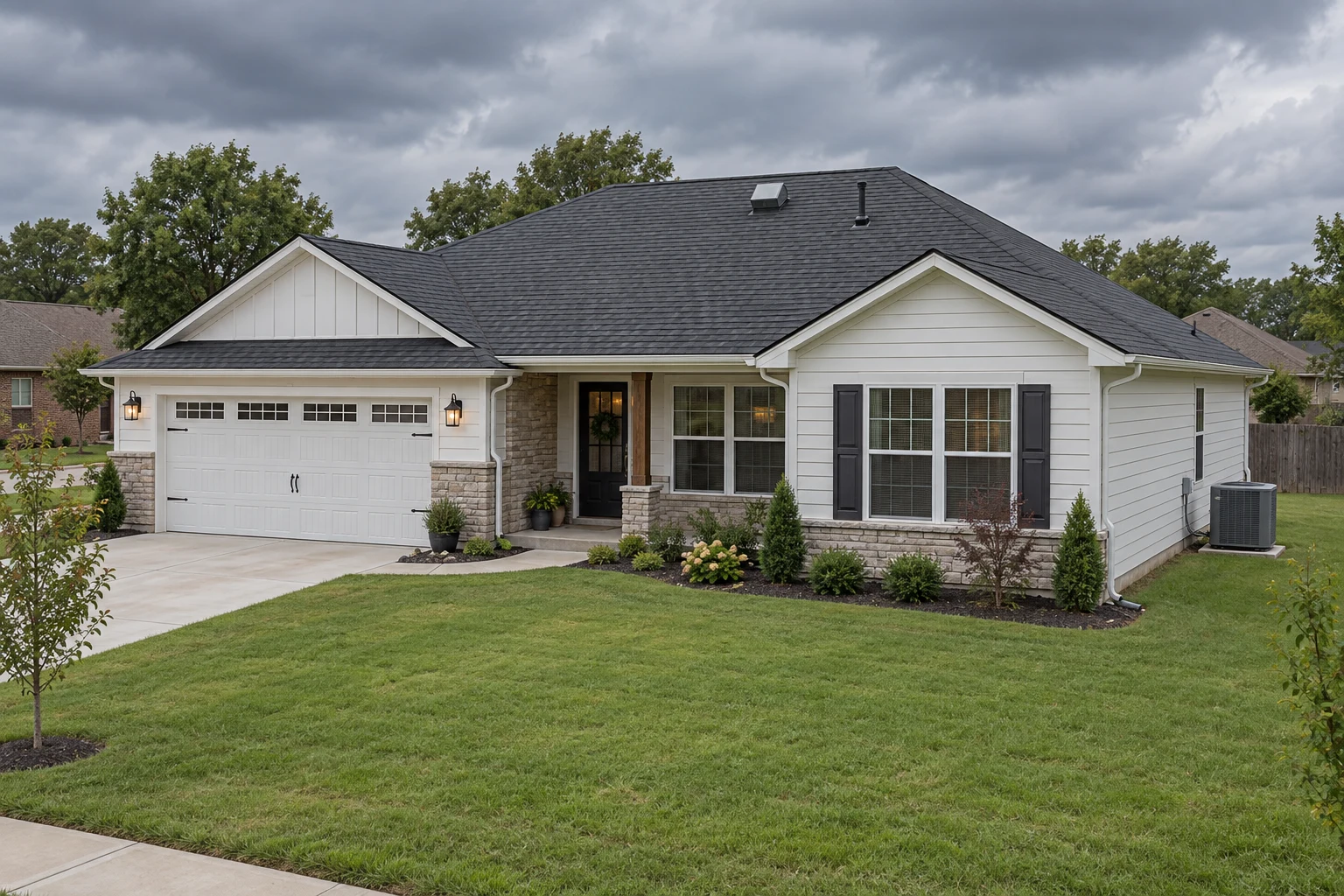 Full Oklahoma home with shingle roof, roof vent, pipe boot, garage, gutters, downspouts, siding, windows and an A/C condenser on the right.